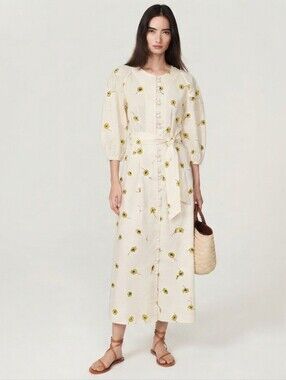 Olivia Rubin Ivory Yellow Floral Embroidered Cotton Midi Dress Puff Sleeve Sz.4